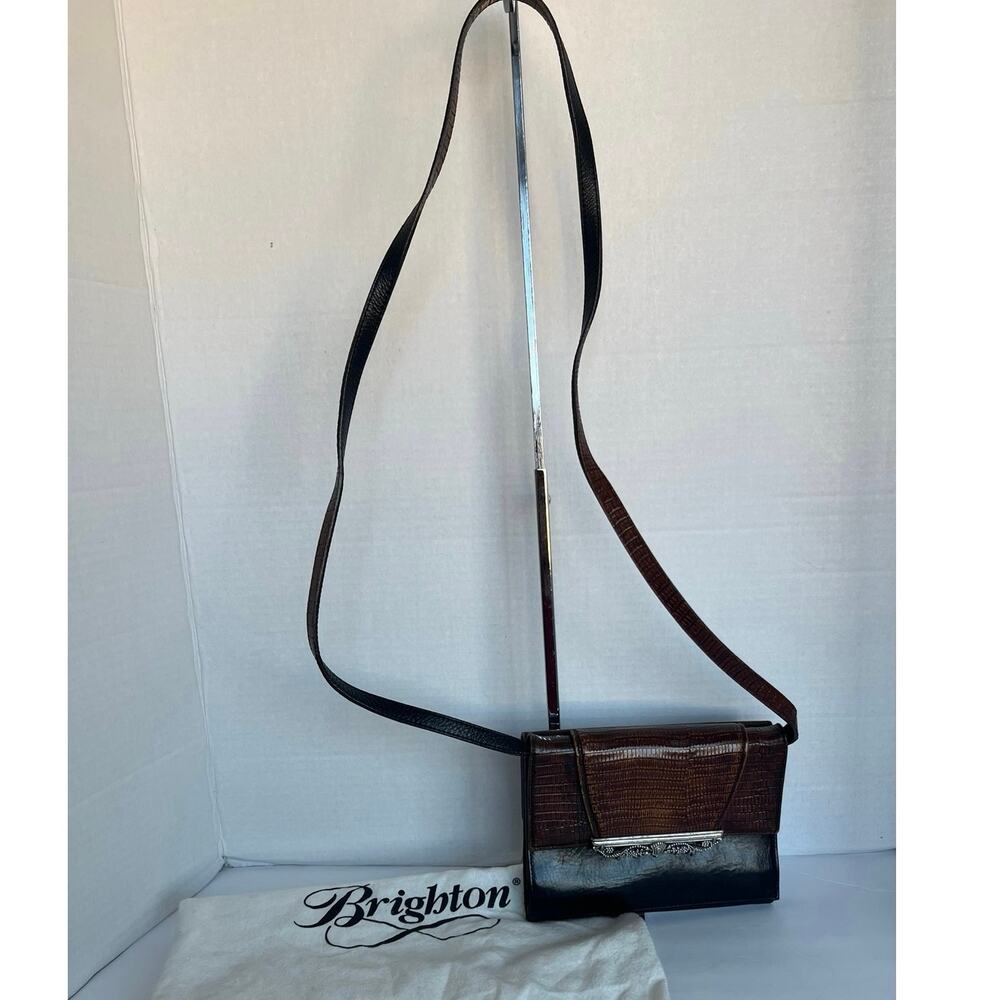 Brighton Black/Brown Leather Shoulder Crossbody Organizer‎ Wallet Clutch Purse